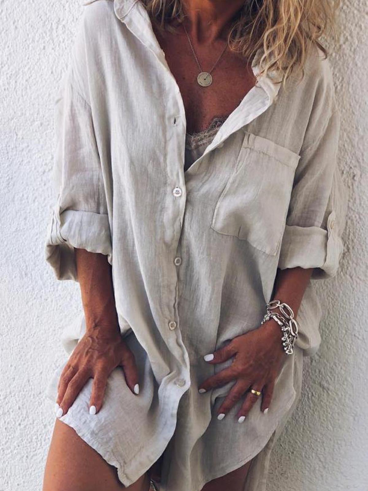 V Neck Buttoned Long Sleeve Blouses&shirts