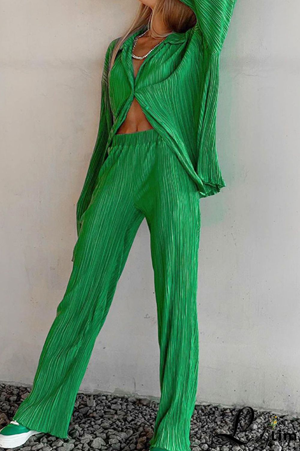 Deep Pink Casual Solid Patchwork Buckle Fold Turndown Collar Long Sleeve Two Pieces