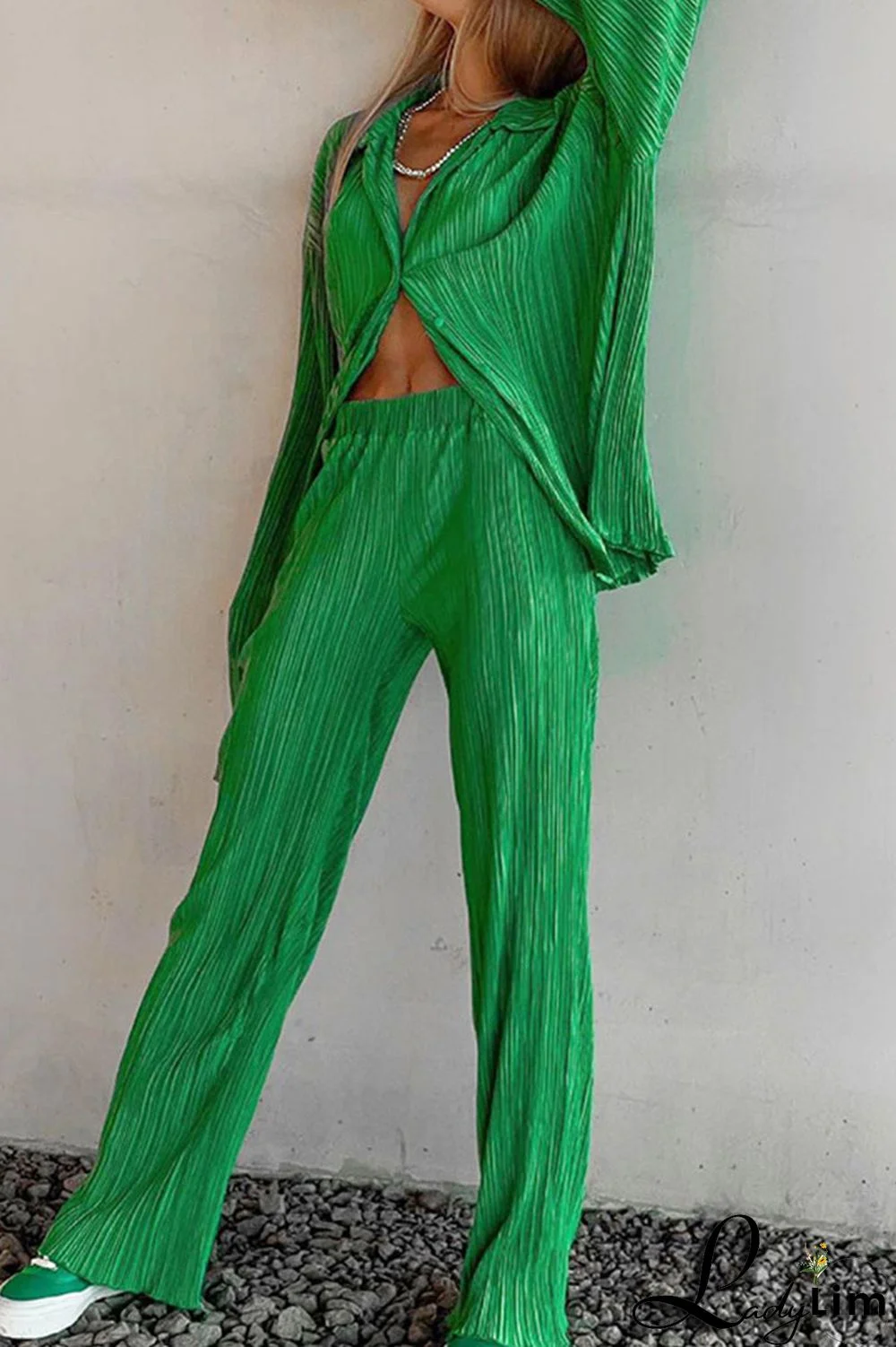 Deep Pink Casual Solid Patchwork Buckle Fold Turndown Collar Long Sleeve Two Pieces