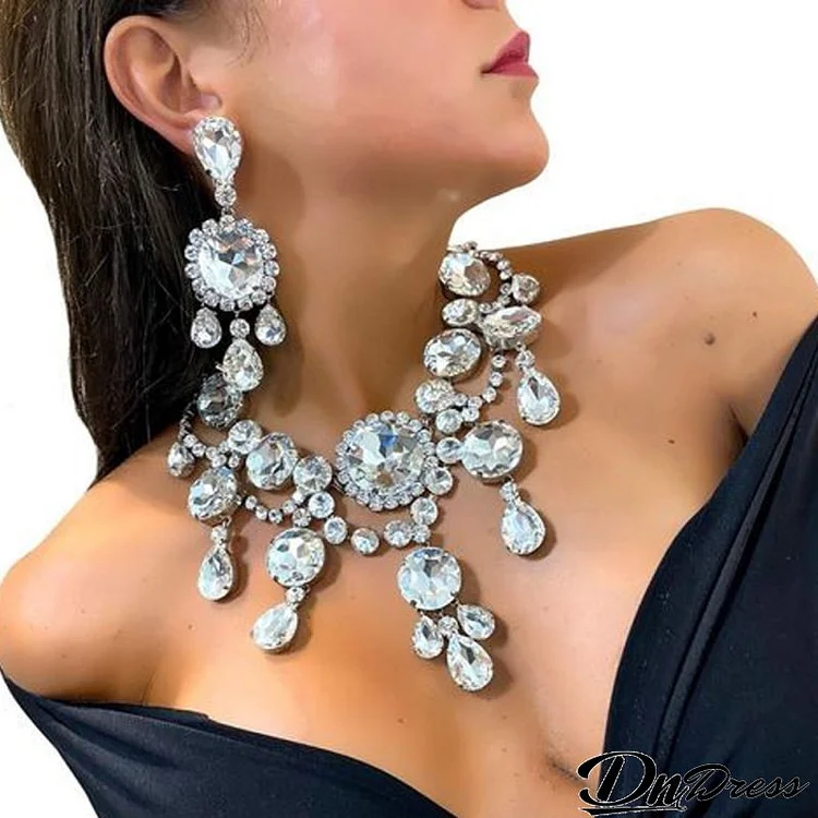 Women Fashion Sexy Big Rhinestone Earrings Necklace 2pcs Set