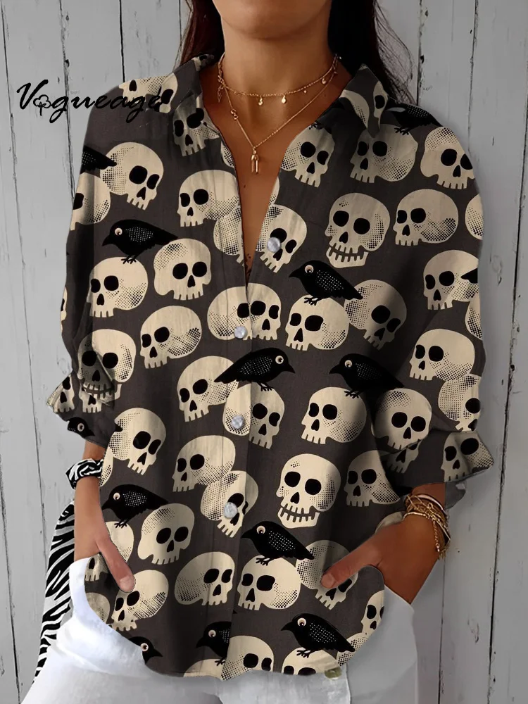 A Group Of Skulls And A Bird Sitting On Them Printed Cotton And Linen Shirt