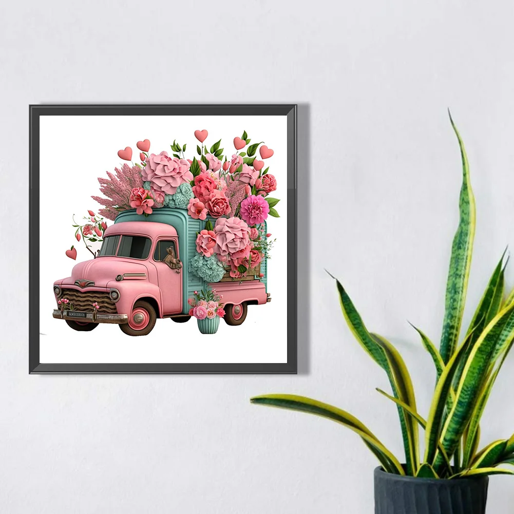 Full Round Diamond Painting 30*30cm - Pink Flower Classic Car