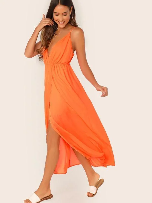 Solid Plunge Neck Wrap Slip Dress