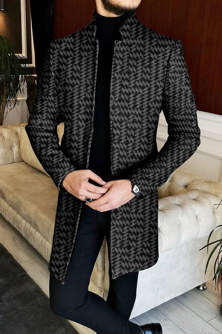 Tiboyz Men's Diamond Pattern Mid Length Tweed Coat