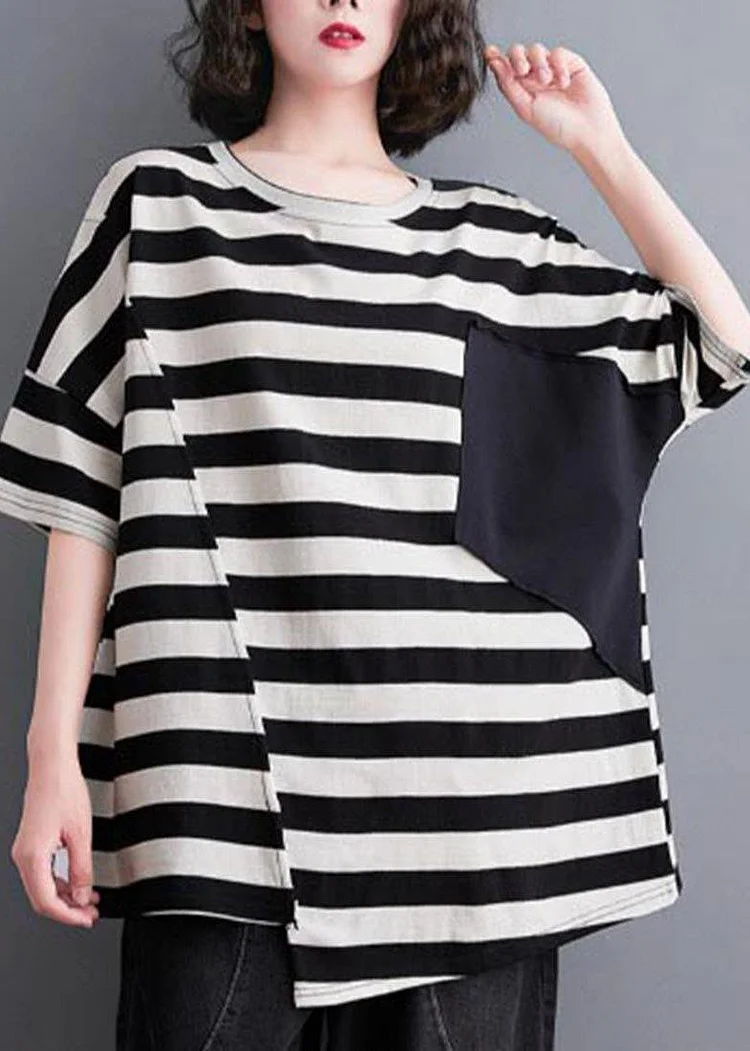 Elegant White Striped Pockets Cotton Top Summer