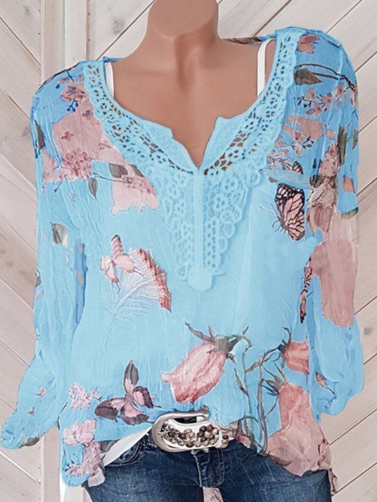 Women's Lace floral v-neck long sleeve plus size blouse