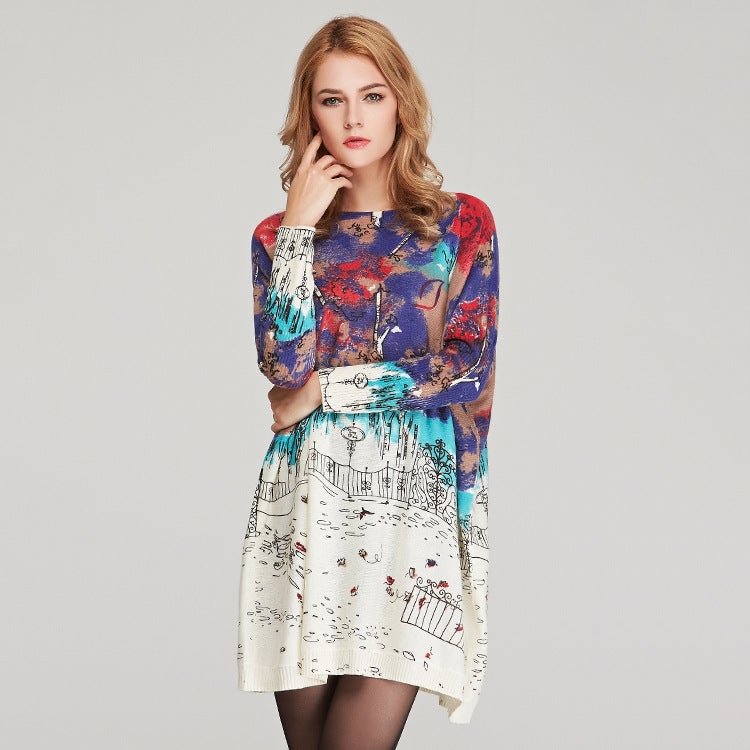 Large Size Women's Sweater Women's Loose Print Pullover Long Sleeve Sweater | EGEMISS