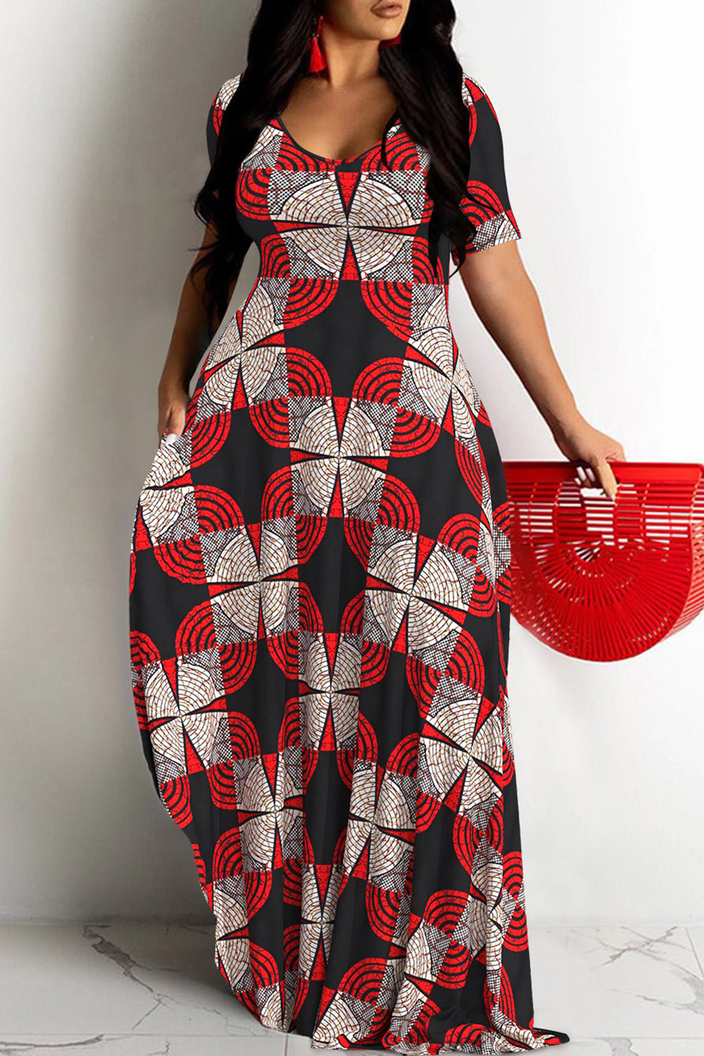 Plus Size Casual Red Geometric V Neck Short Sleeve Pocket Maxi Dress [Pre-Order]