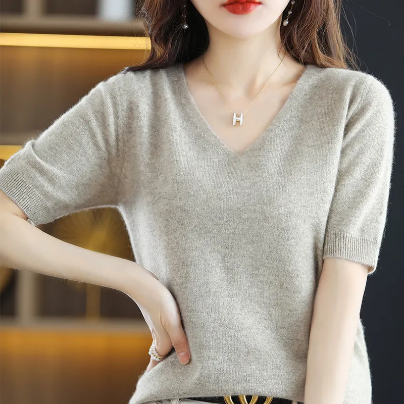 Churchf Churchf 2024 New Short-Sleeved Sweater Women's T-Shirt Solid Color V-Neck Short-Sleeved Bottom Shirt Top Thin Style A Hair