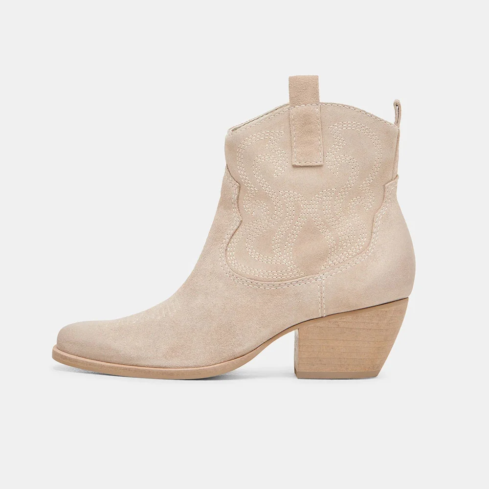 Beige Square Toe Chunky Heel Side Zipper Stitching Cowgirl Boots