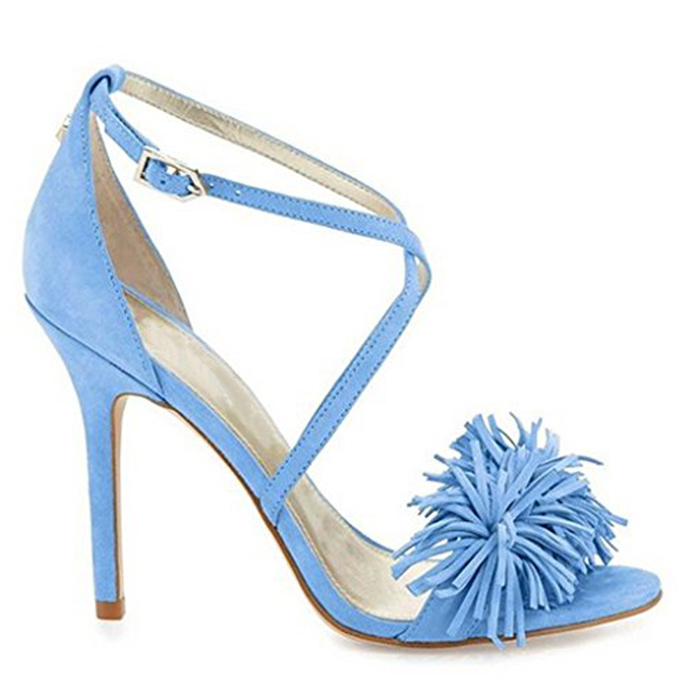 4.72"Ladies Open Toe Suede Leather Sandals Fringed Strappy Stiletto Heel Shoes Light Blue-vocosishoes