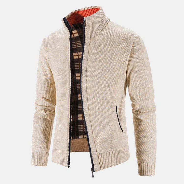 Daily Stand Collar Plaid Lined Zipper Long Sleeve Knitted Jacket
