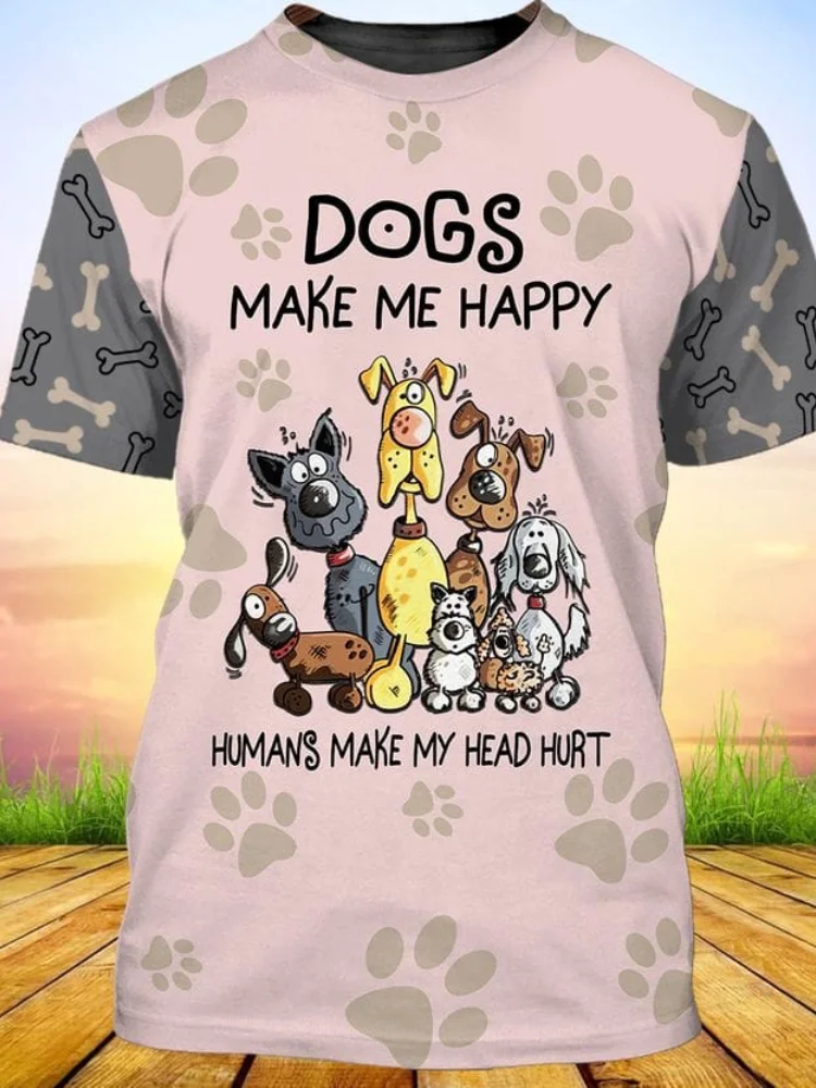 Pink Dogs Lovers Print Colorblock Casual T Shirt