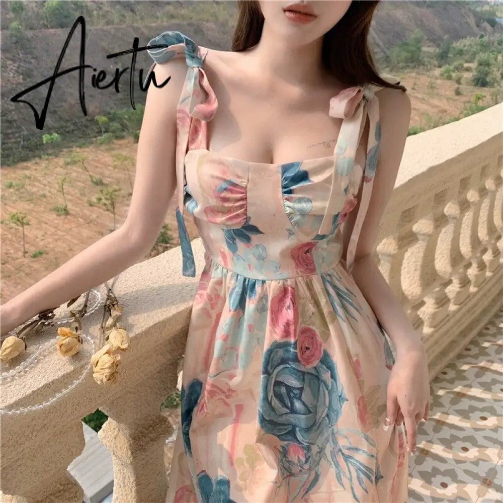 Summer Women Vintage Flower Sling Dress Bow Tie Strap Square Neck Sleeveless Slim Midi Floral Skirt French Ladies Clothes Aiertu