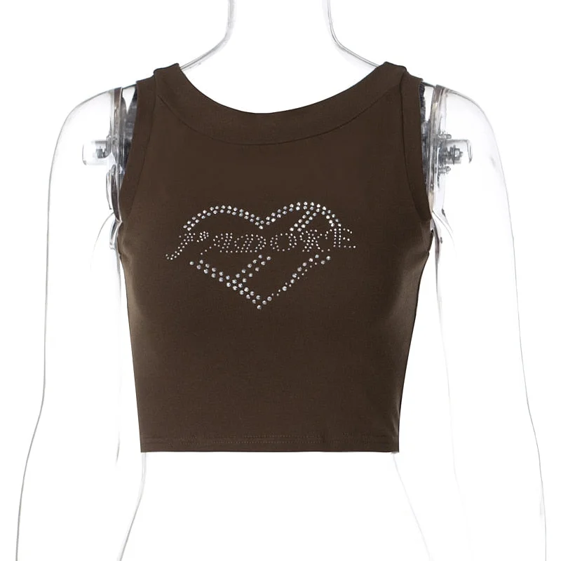 Dulzura Heart-Shape Rhinestone Women Crop Top Tanks O Neck Bodycon Sexy Streetwear Casual 2021 Summer Clothes Fashion Cute