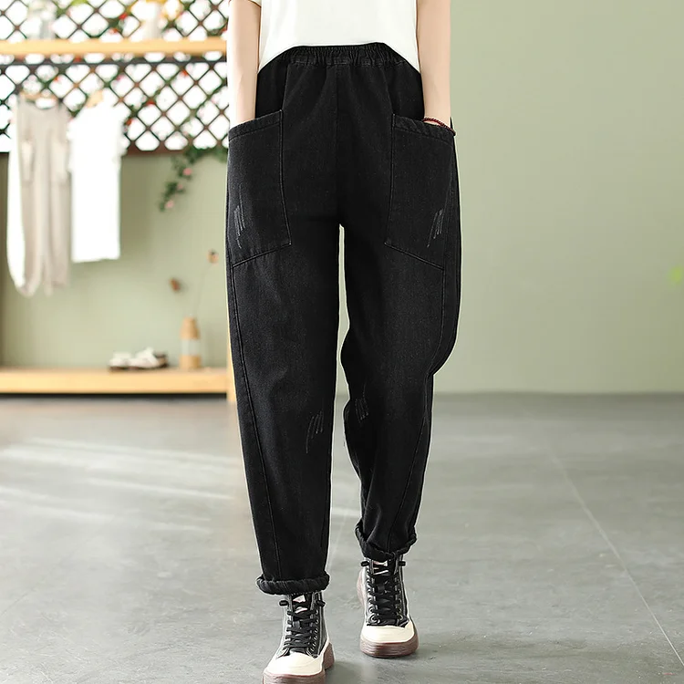 Literary Loose Solid Color High-Waisted Jeans