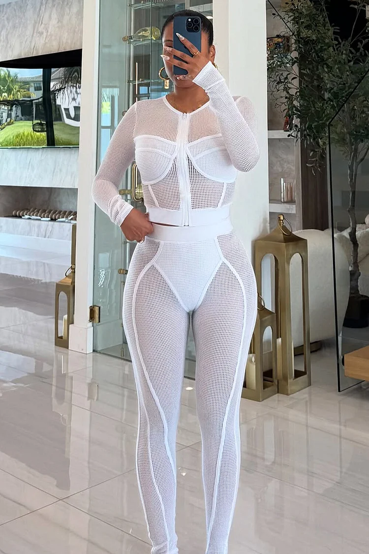 See Through Mesh Long Sleeve Crop Top Slim Fit Pants Matching Set-White