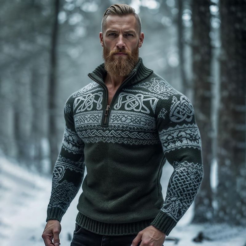 Men's Vintage Viking Celtic Knot Pattern Knit Half Zipped Sweater elevenforest