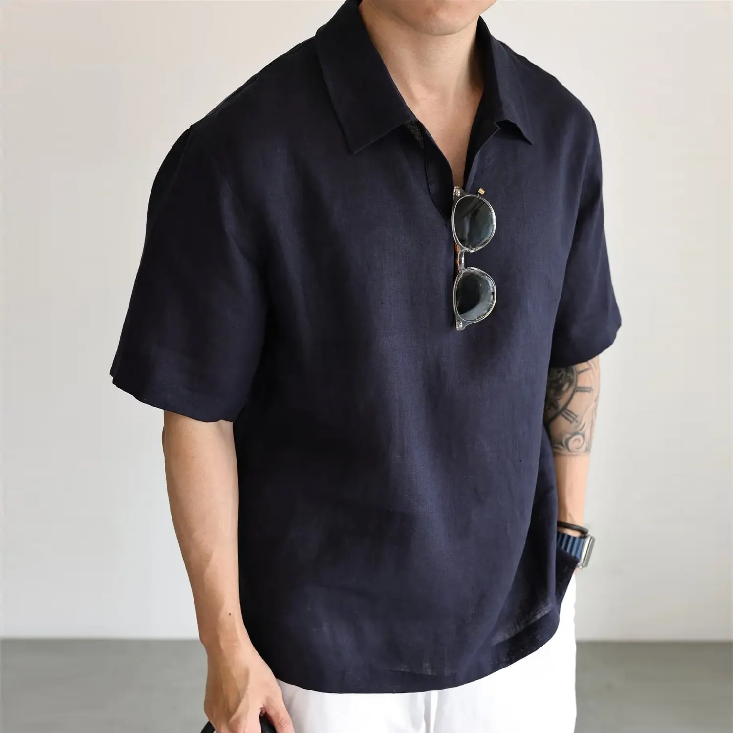 100% European Linen Shirt Half-Open Collar Casual for Men REAL SILK LIFE