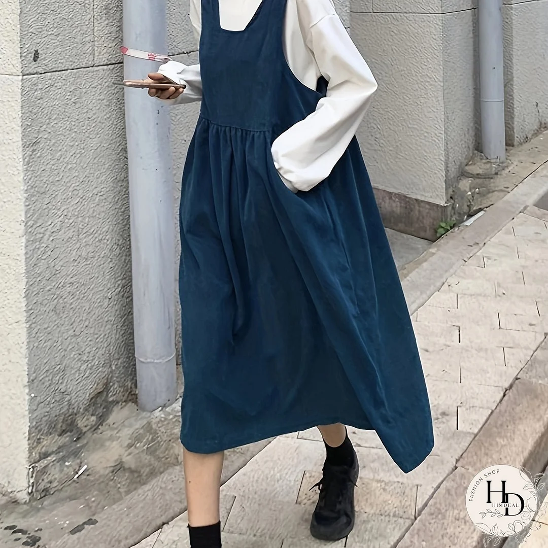 Solid Loose Midi Dress, Casual Ruched Sleeveless Dress With Pockets, Women's Clothing