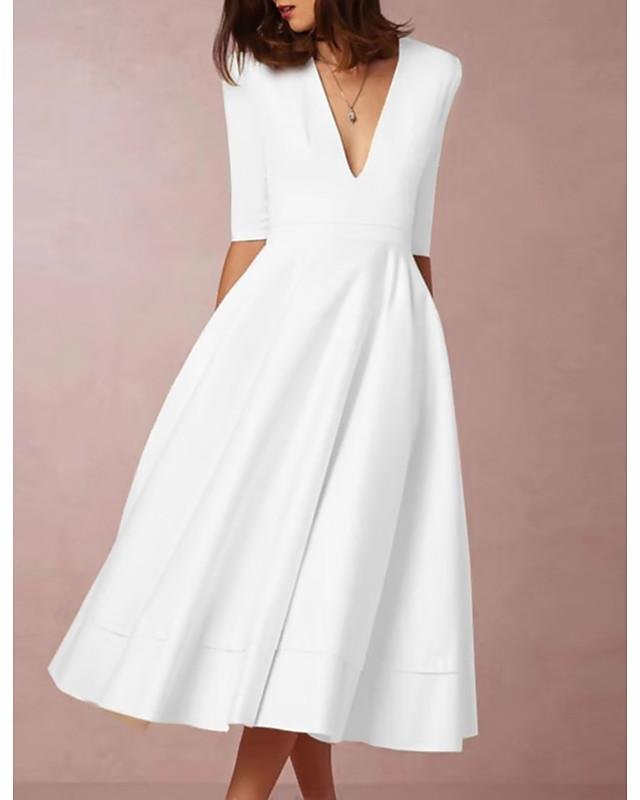 Women's Swing Dress Midi Dress Half Sleeve Solid Color Spring & Summer Hot White S M L XL XXL 3XL - VSMEE