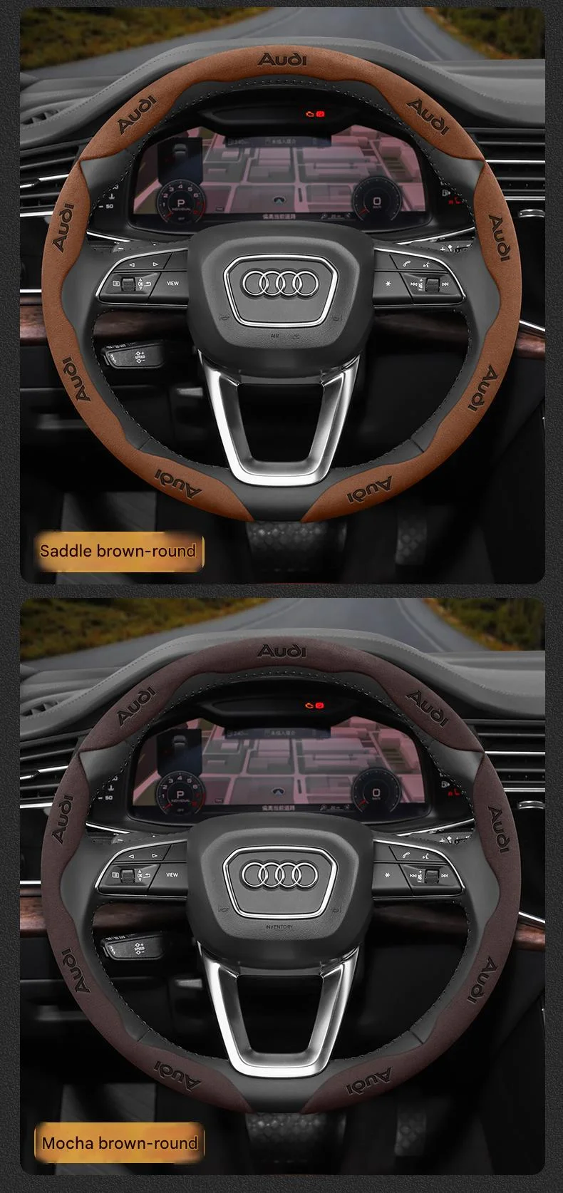 Car segmented suede steering wheel protective cover--3D car logo embossed style