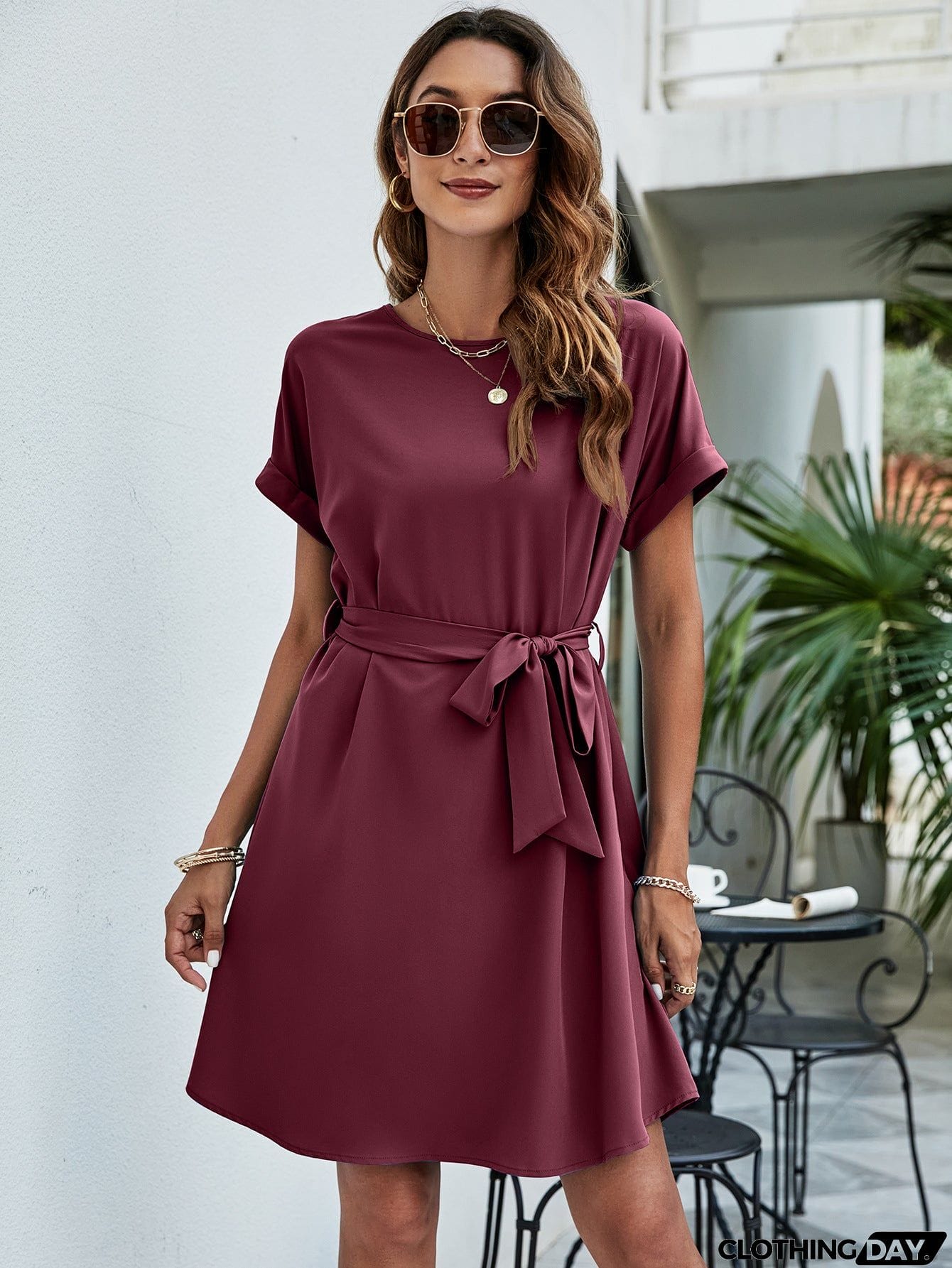 Belted Round Neck Curved Hem Dress