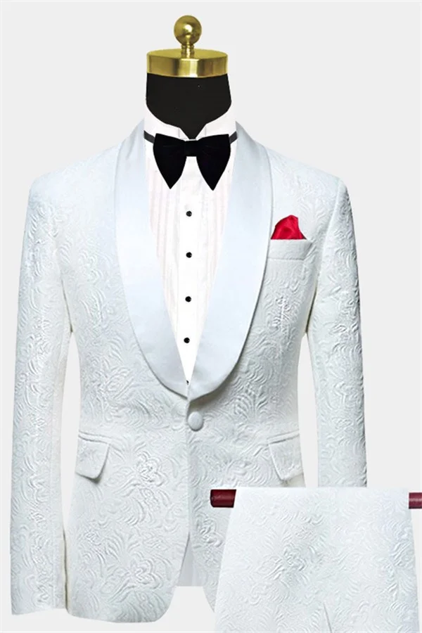 White Jacquard Wedding Men Suits Elegant Two Piece Shawl Lapel Groom Suits