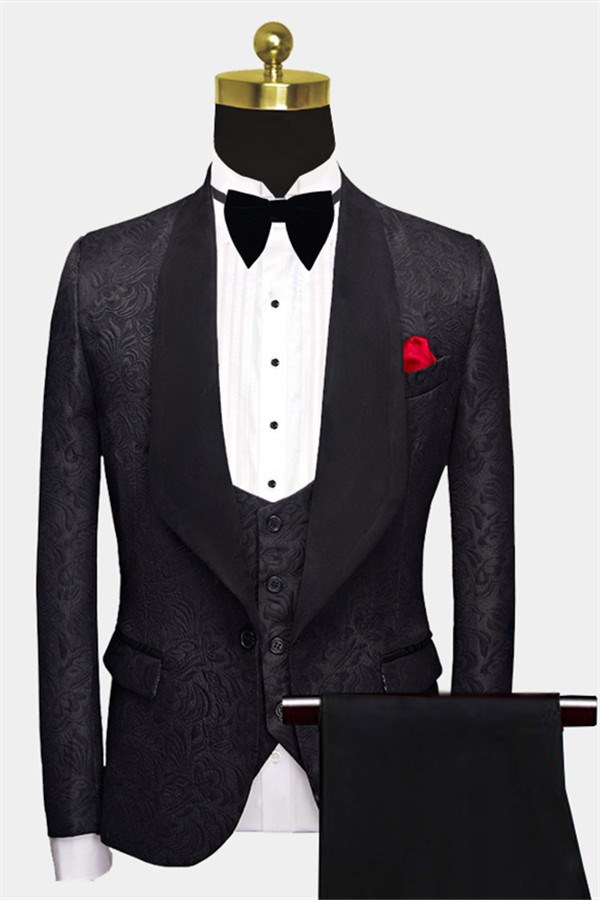 Bellasprom Business Black Men Suits Formal Three Pieces Jacquard Wedding Suits Bellasprom