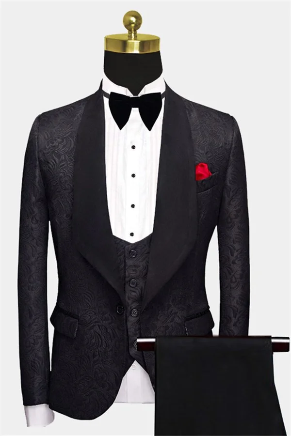 Business Black Men Suits Formal Three Pieces Jacquard Wedding Suits