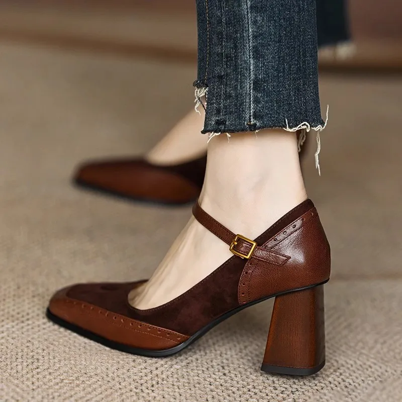 Mary Janes Vintage Black Sandals Woman Buckle Non-Slip Casual Medium Heels Office Ladies Solid Elegant Heels Korean Summer