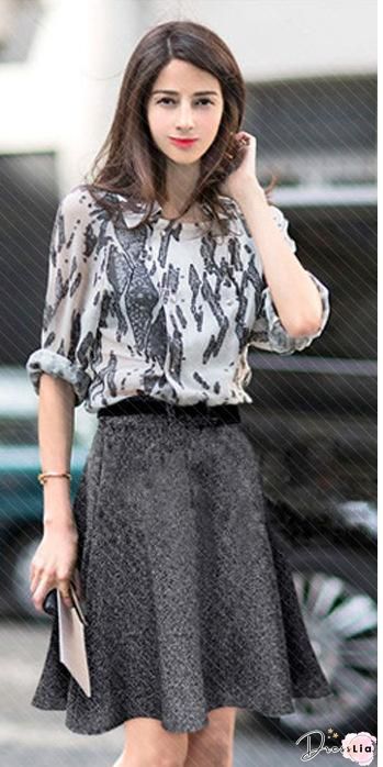 Gray Plain Wool Blend Casual Skirt