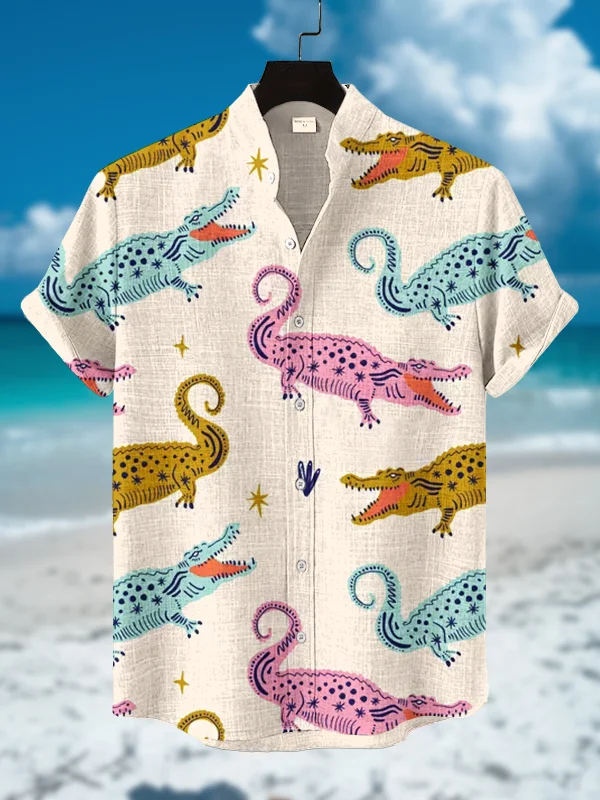 Men's Colorful Crocodiles Cartoon Art Print Short Sleeve Shirt