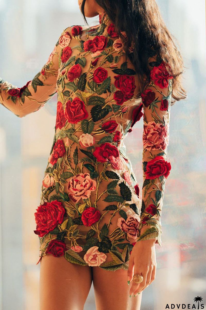 Sexy Elegant Embroidery Patchwork Half A Turtleneck Wrapped Skirt Dresses