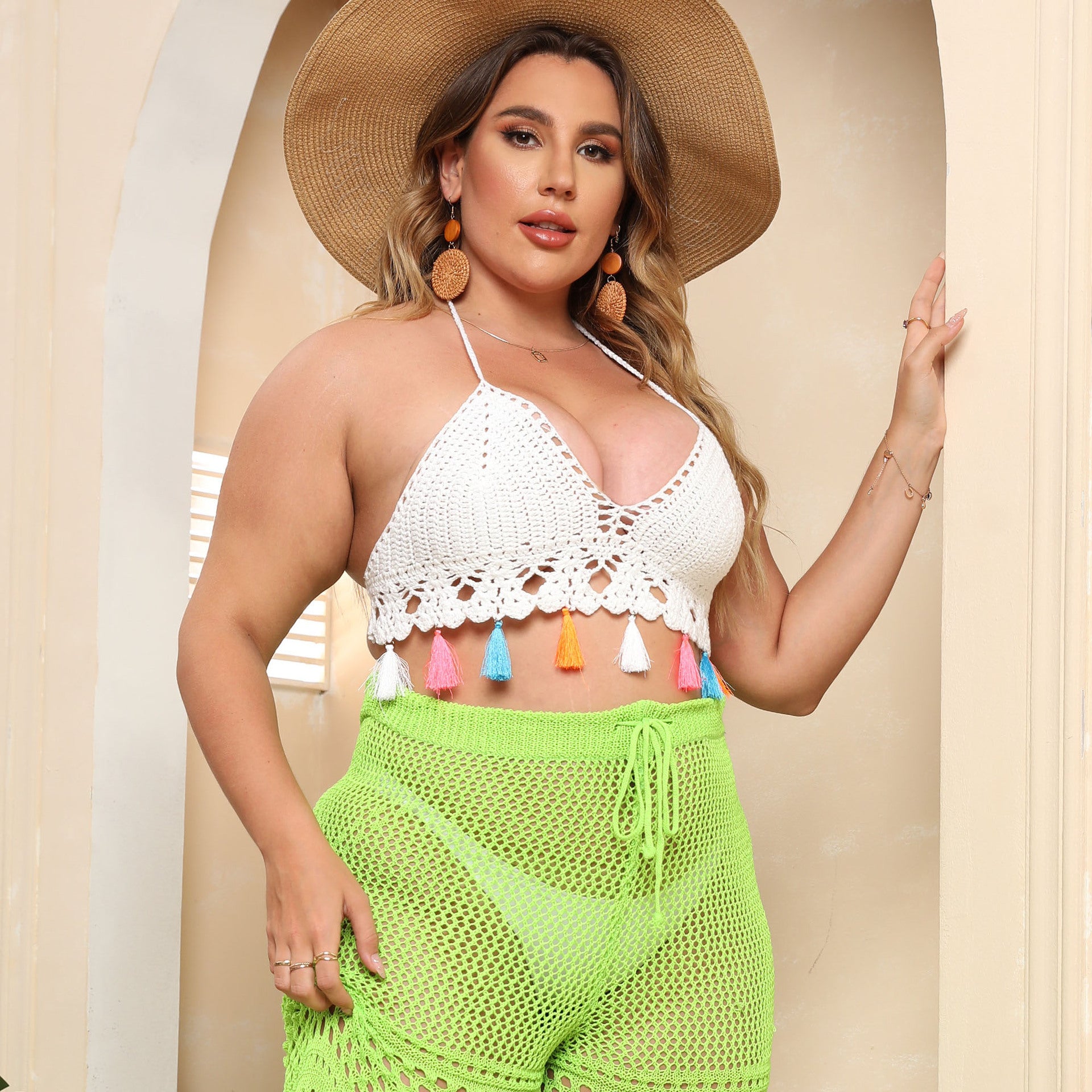 Plus Size Women Clothes Multicolored Tassel Stitching Pure Hand Crocheting Bikini Beach Vacation Camisole Crochet