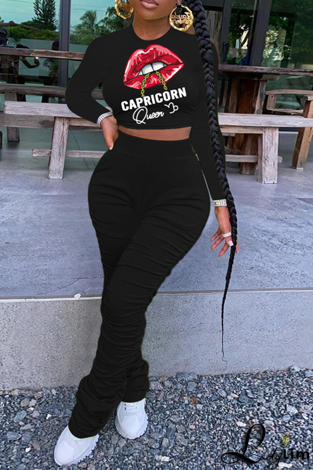 Green Fashion Lips Printed Patchwork O Neck Long Sleeve Two Pieces