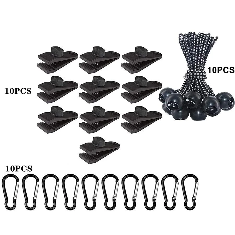 Windproof Canopy Fixed Tent Clip Rope Buckle Set 10 Clips+10 White Ropes+10 Black Buckles