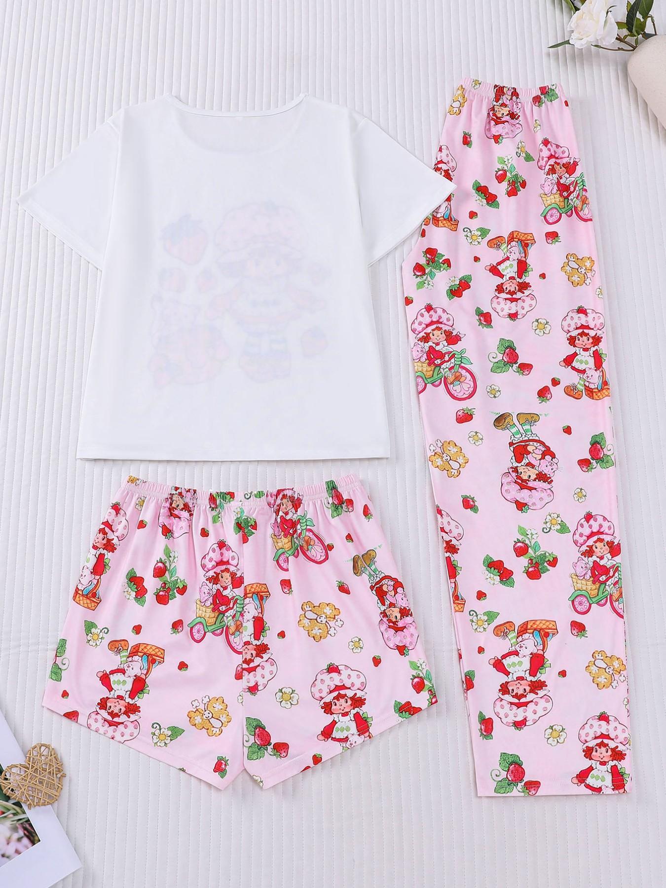 Women's Casual Cute Strawberry Print 3 Piece Pajama Set, Soft Short Sleeve Top & Relaxed Fit Shorts & Pants, Stylish Sleepwear for Everyday Wear and Festive Occasions