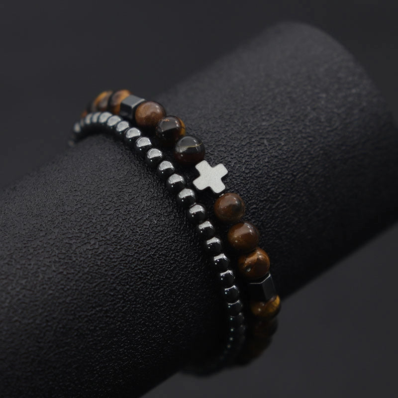 2 Pieces Men Bracelet Set Hematite Cross Bracelet For Natural Lava Tiger Eye Bracelet Man Beaded Brass Pul