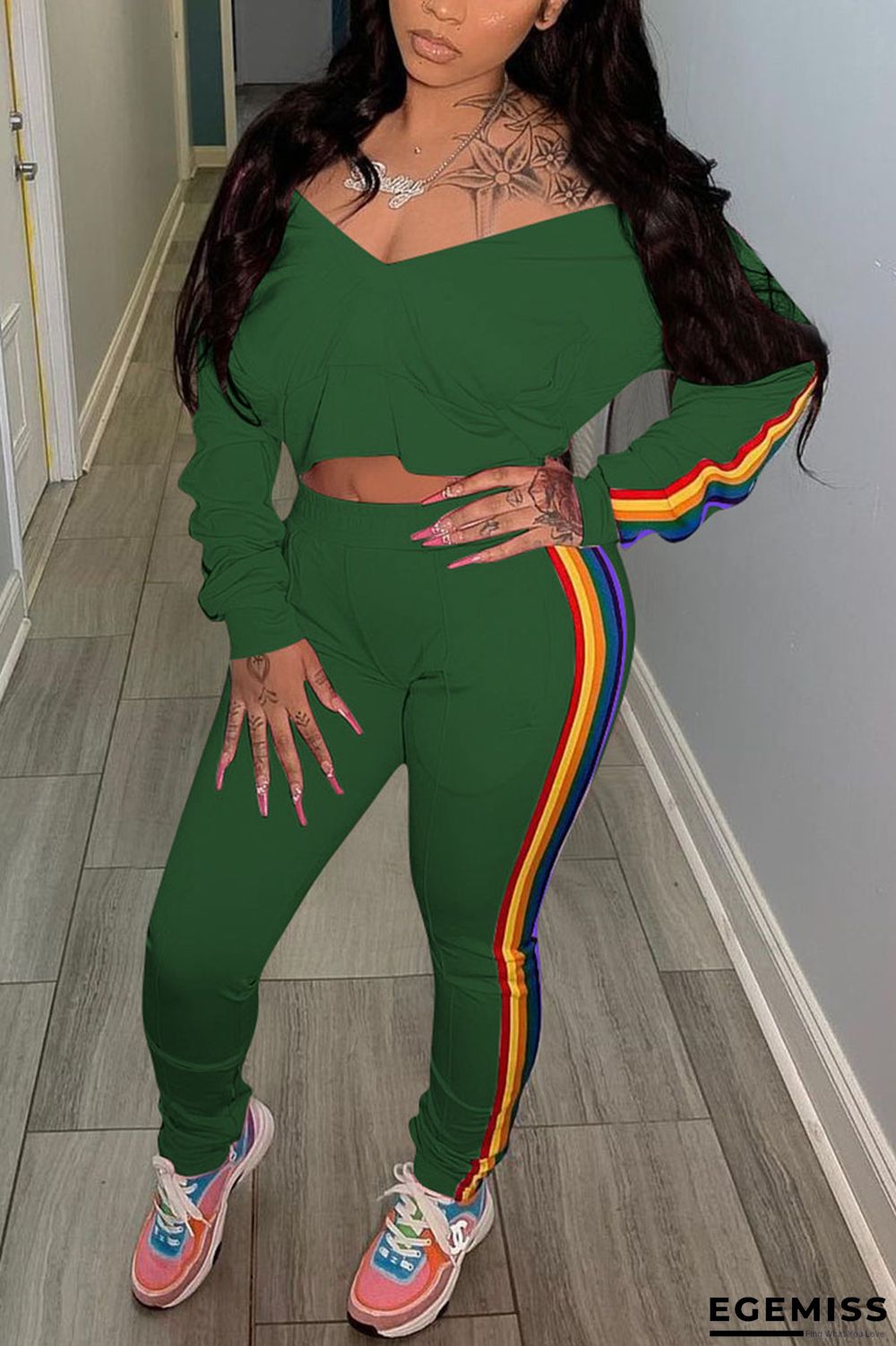 Army Green Daily Solid Long Sleeve Two Pieces | EGEMISS