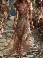 Women's Bohemian Pink Rose Glitter Casual V-neck Short Sleeve Dress