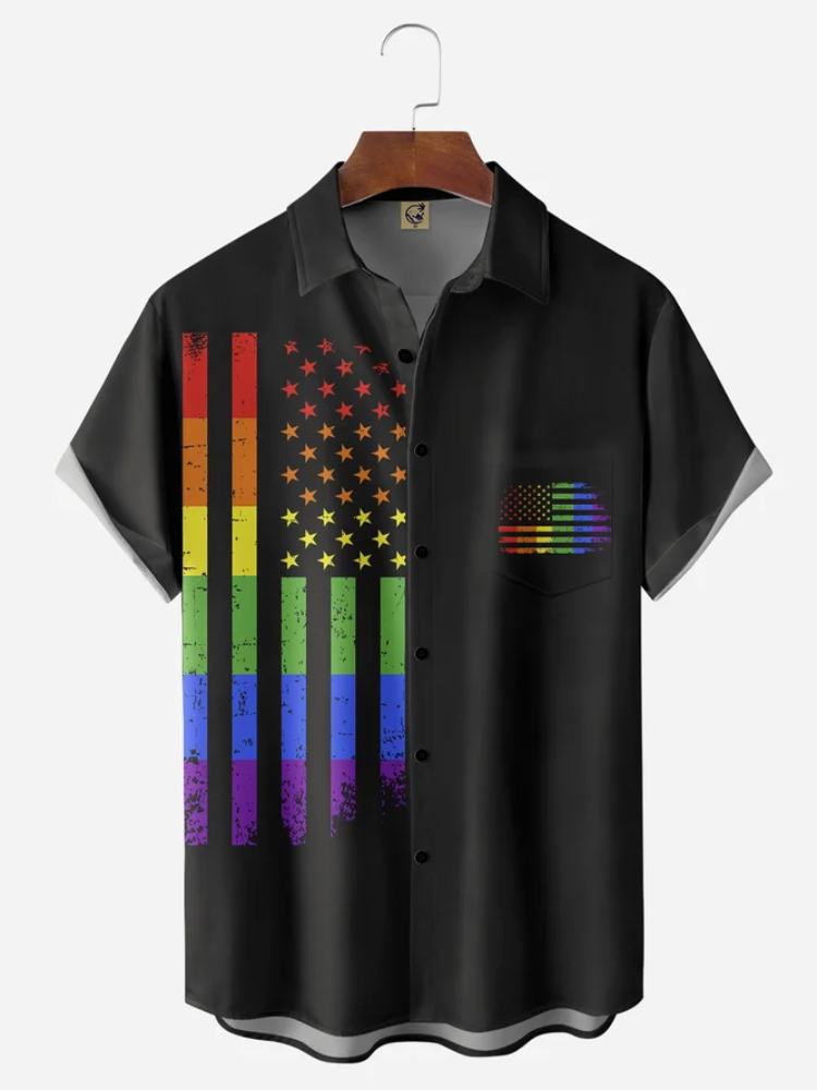 BrosWear LGBT American Flag Chest Pocket Short Sleeve Shirt