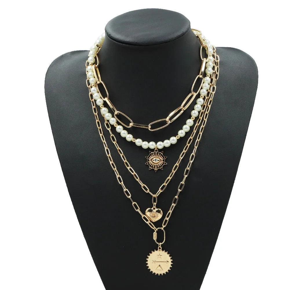 Dvacaman Retro Simple Pearl Letter Pendant Initial Necklace for Women Boho Statement Multi Layered Chunky Chain Necklace Jewelry