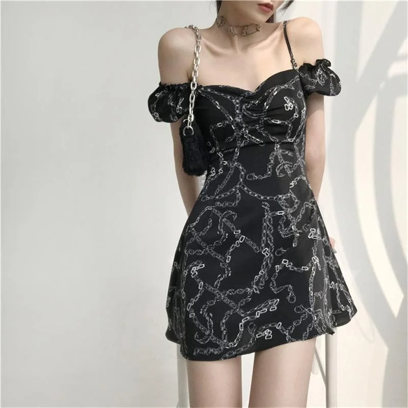 Harajuku Punk Chain Print Puff Sleeve Slip Dress SP15936
