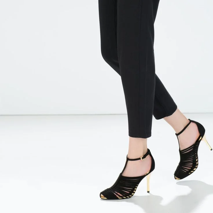 Black T Strap Sandals Stiletto High Heel Shoes Summer Sandals |FSJ Shoes