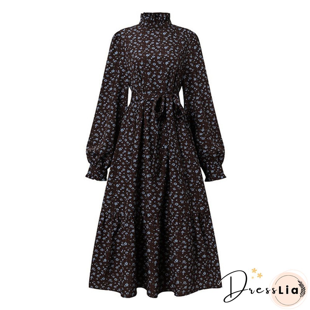 Womens Spring Casual Belt Full Sleeved Kaftan Floral Printed A-Line Party Ruffle Hem Long