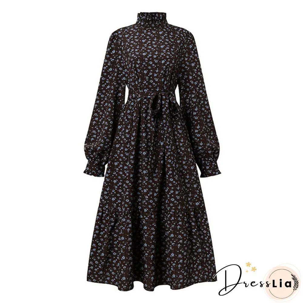 Womens Spring Casual Belt Full Sleeved Kaftan Floral Printed A-Line Party Ruffle Hem Long
