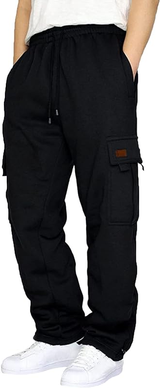 Men's Heavyweight Cargo Fleece Sweatpants Stretch Elastic Waist Trousers Drawstring Loose Fit Joggers With Pockets