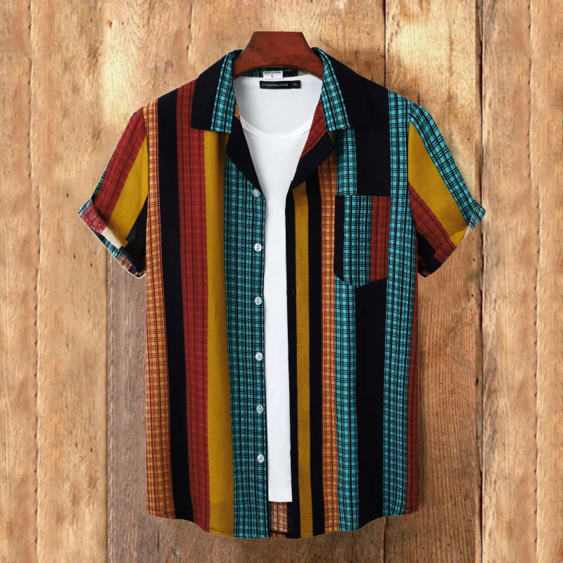 Men's Striped Lapel Short Sleeve Cotton Linen Shirt