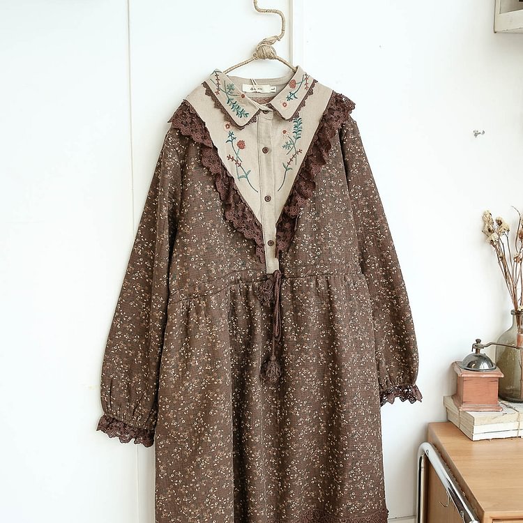 Queenfunky cottagecore style Vintage Embroidered Collar Fleece Dress QueenFunky
